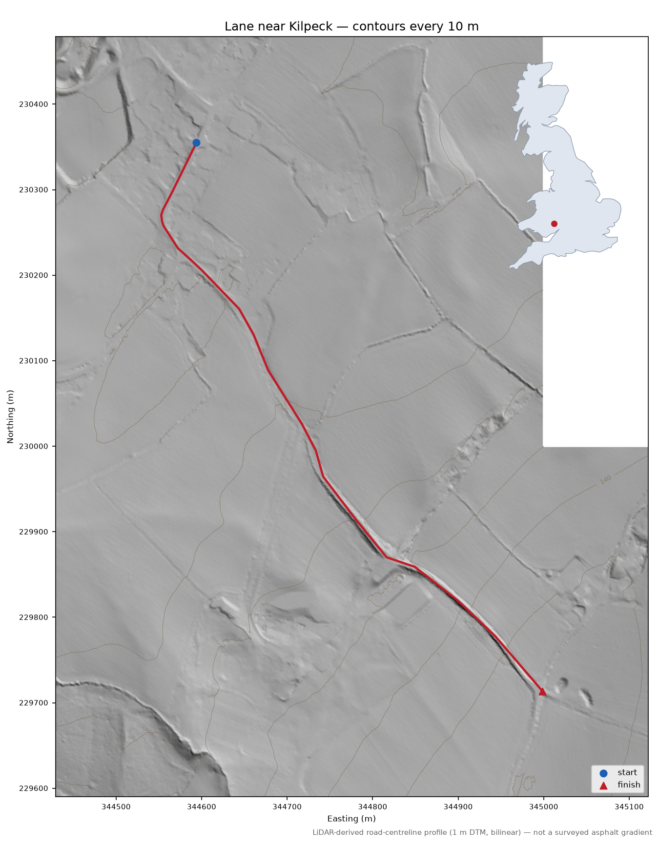 Lane near Kilpeck LiDAR hillshade map with contours