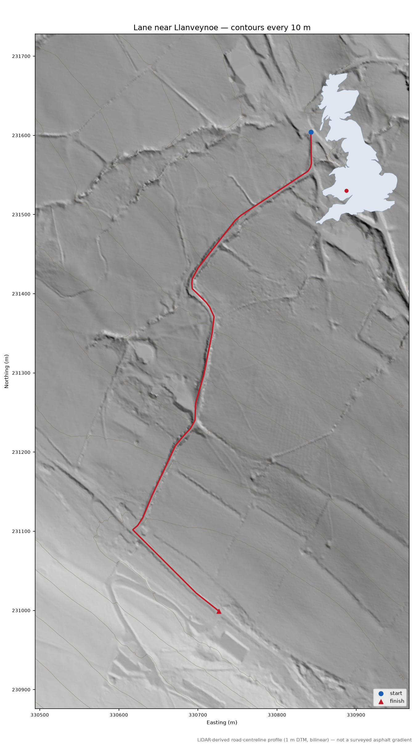 Lane near Llanveynoe LiDAR hillshade map with contours