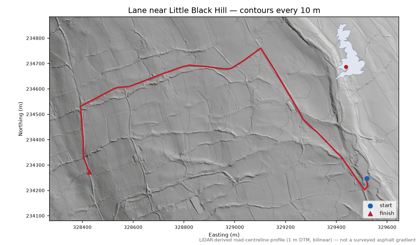 Lane near Little Black Hill LiDAR hillshade map with contours