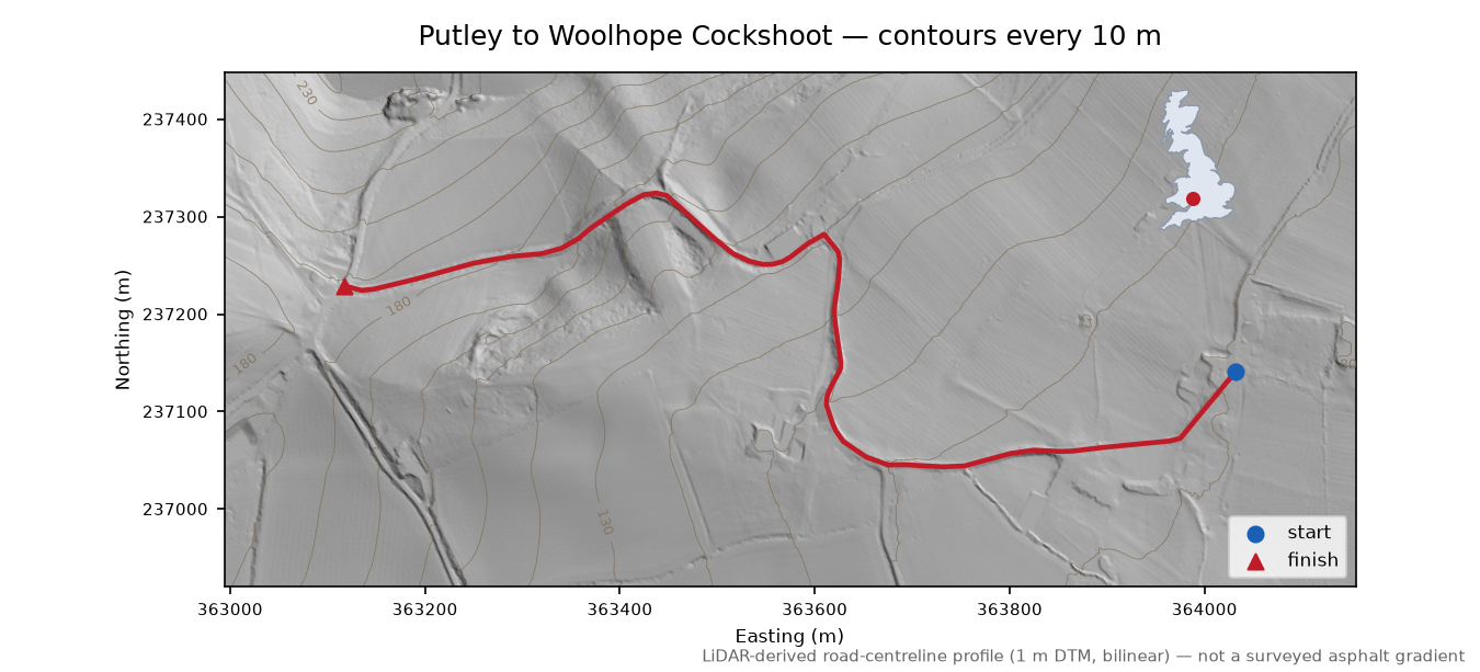 Putley to Woolhope Cockshoot LiDAR hillshade map with contours
