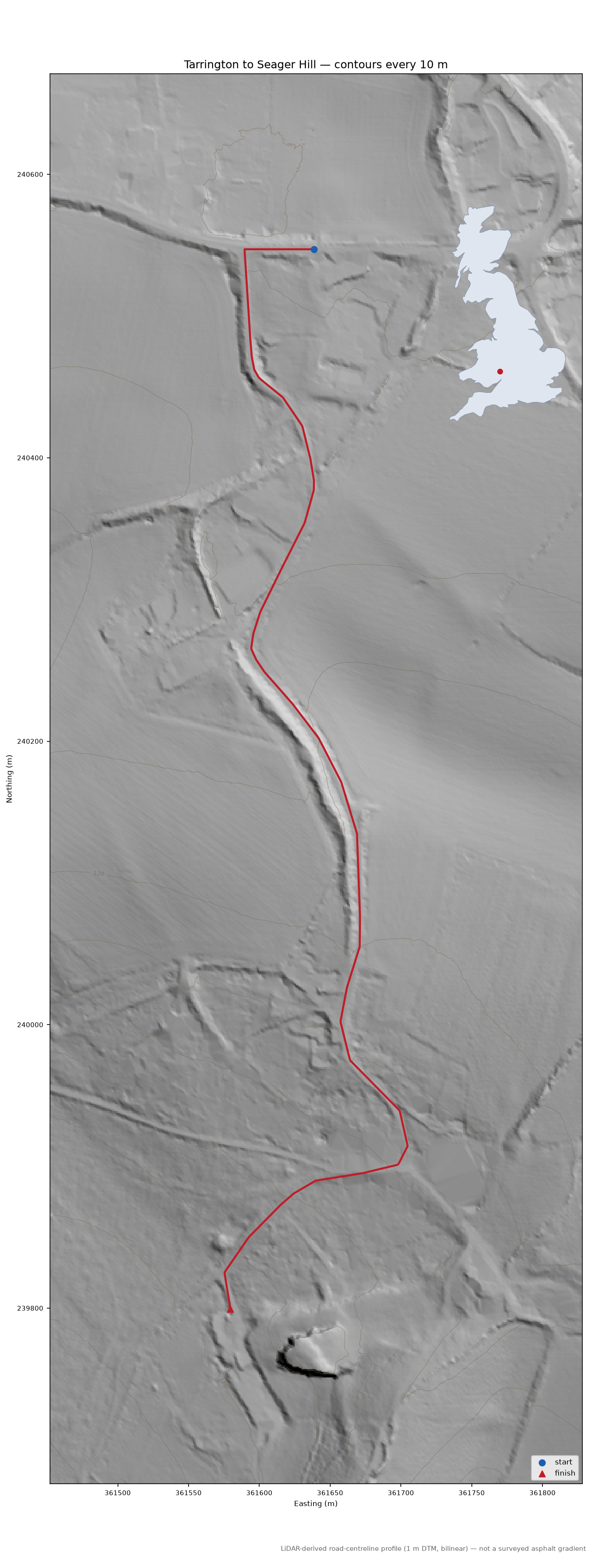 Tarrington to Seager Hill LiDAR hillshade map with contours
