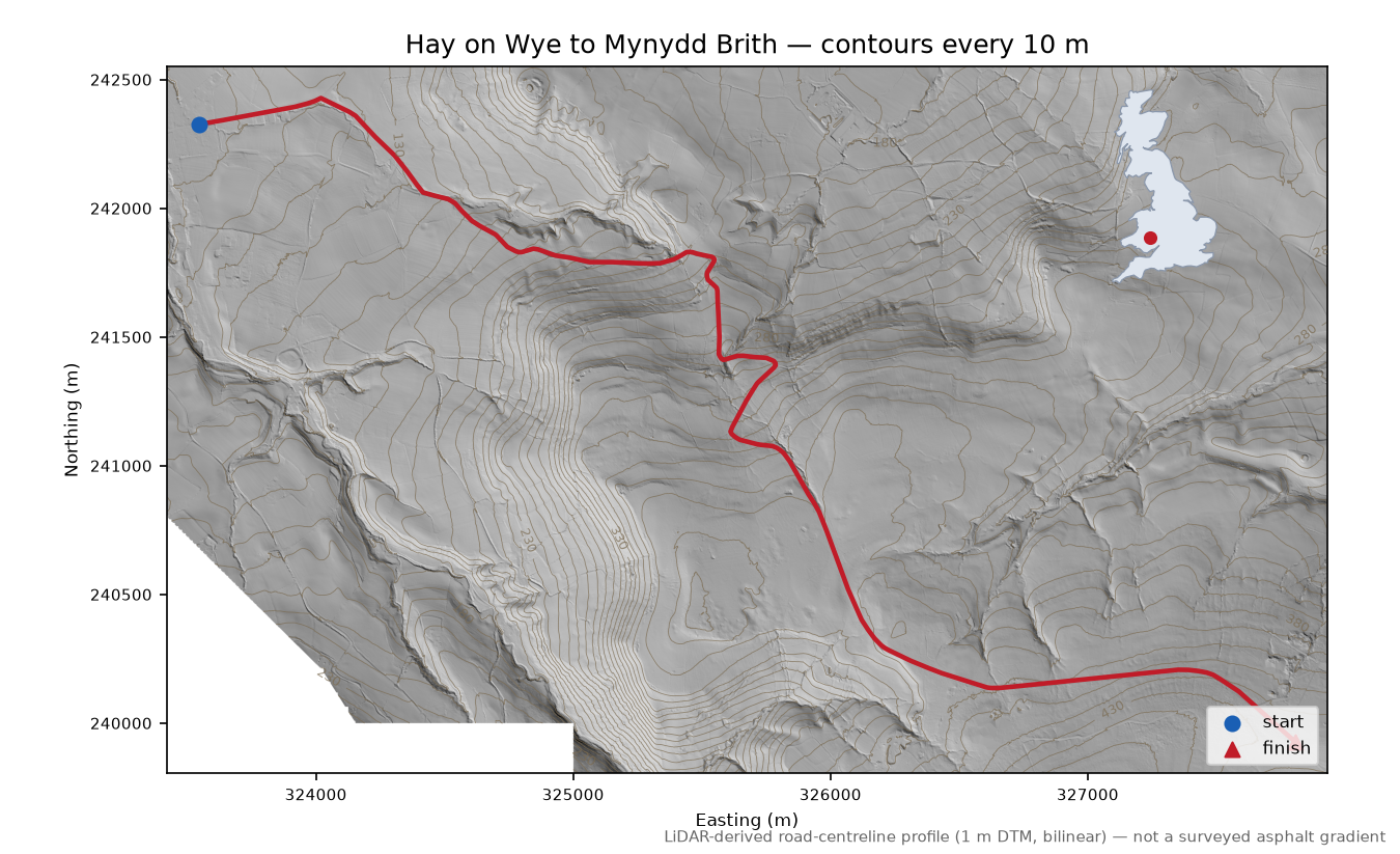 Hay on Wye to Mynydd Brith LiDAR hillshade map with contours