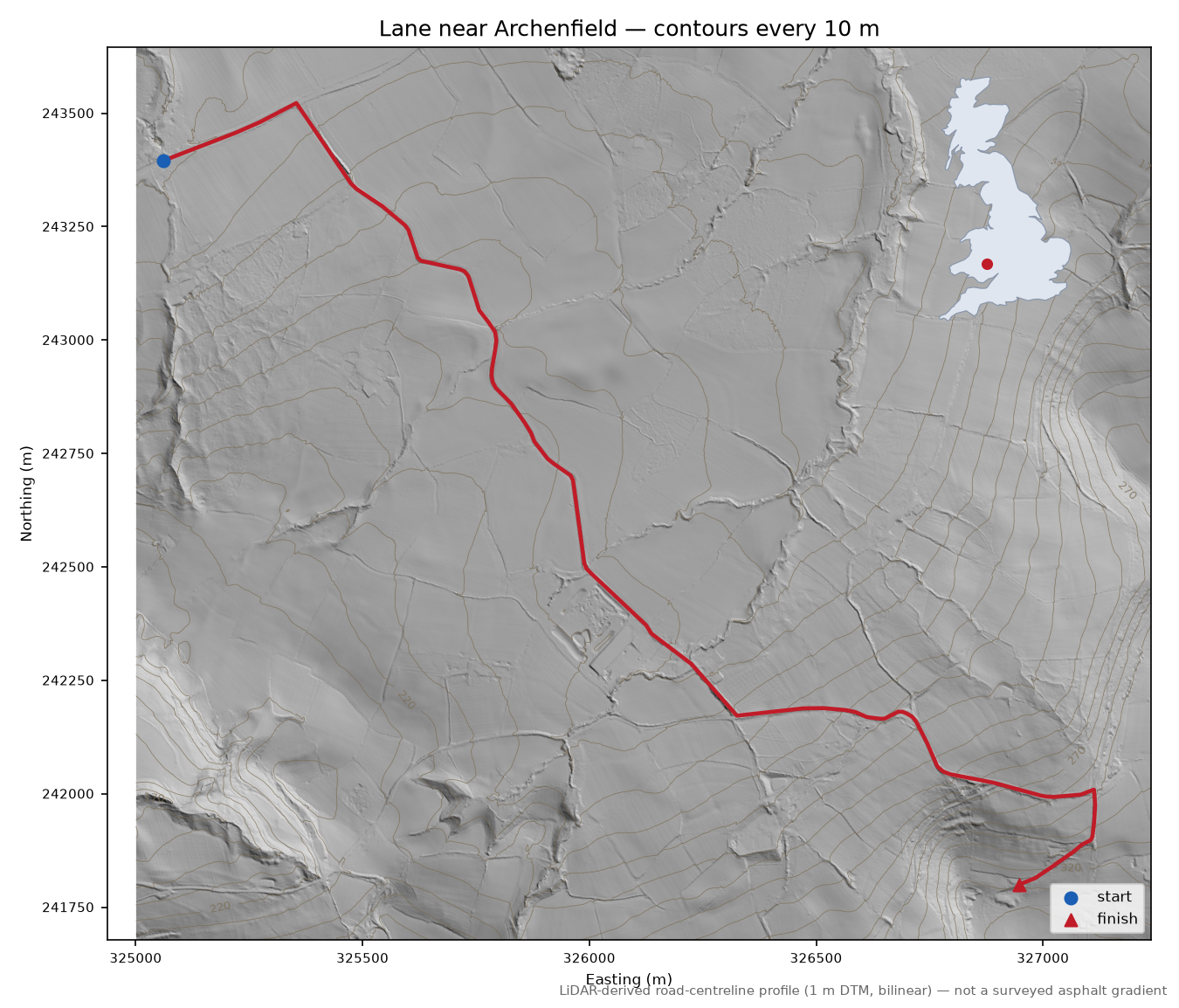Lane near Archenfield LiDAR hillshade map with contours