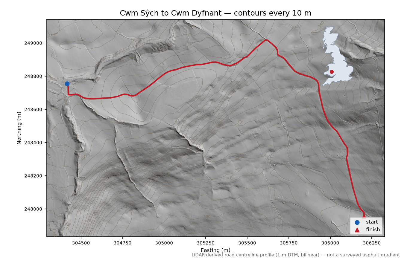 Cwm Sŷch to Cwm Dyfnant LiDAR hillshade map with contours