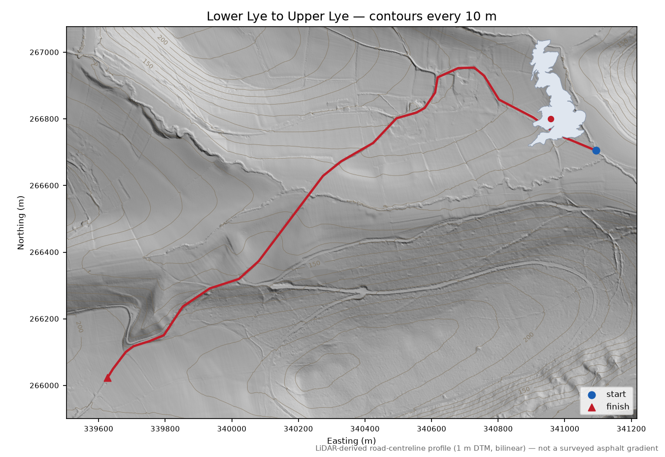 Lower Lye to Upper Lye LiDAR hillshade map with contours