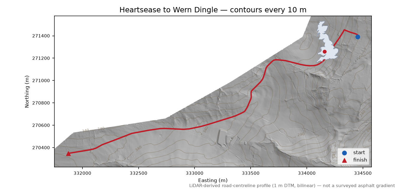 Heartsease to Wern Dingle LiDAR hillshade map with contours
