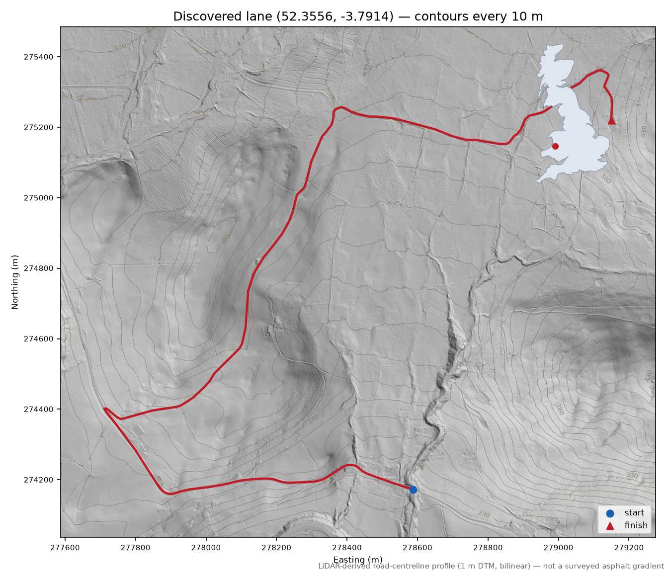 Cwm Glas to Pen Lan-fawr LiDAR hillshade map with contours