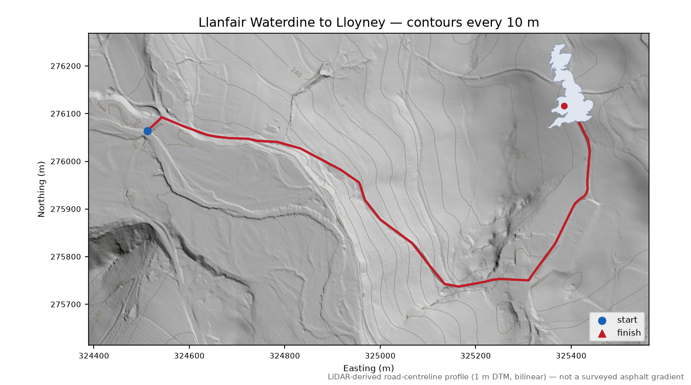 Llanfair Waterdine to Lloyney LiDAR hillshade map with contours