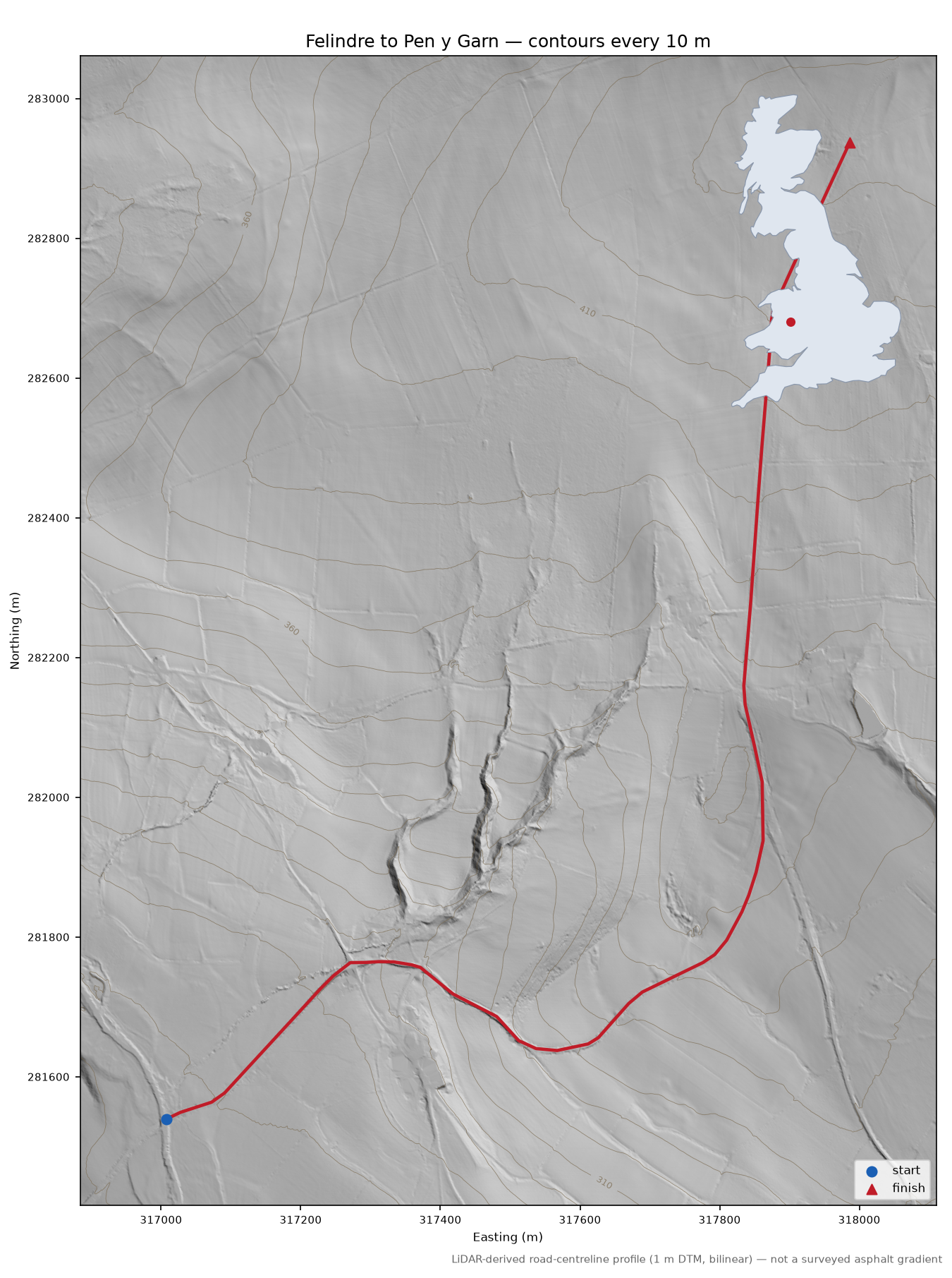 Felindre to Pen y Garn LiDAR hillshade map with contours