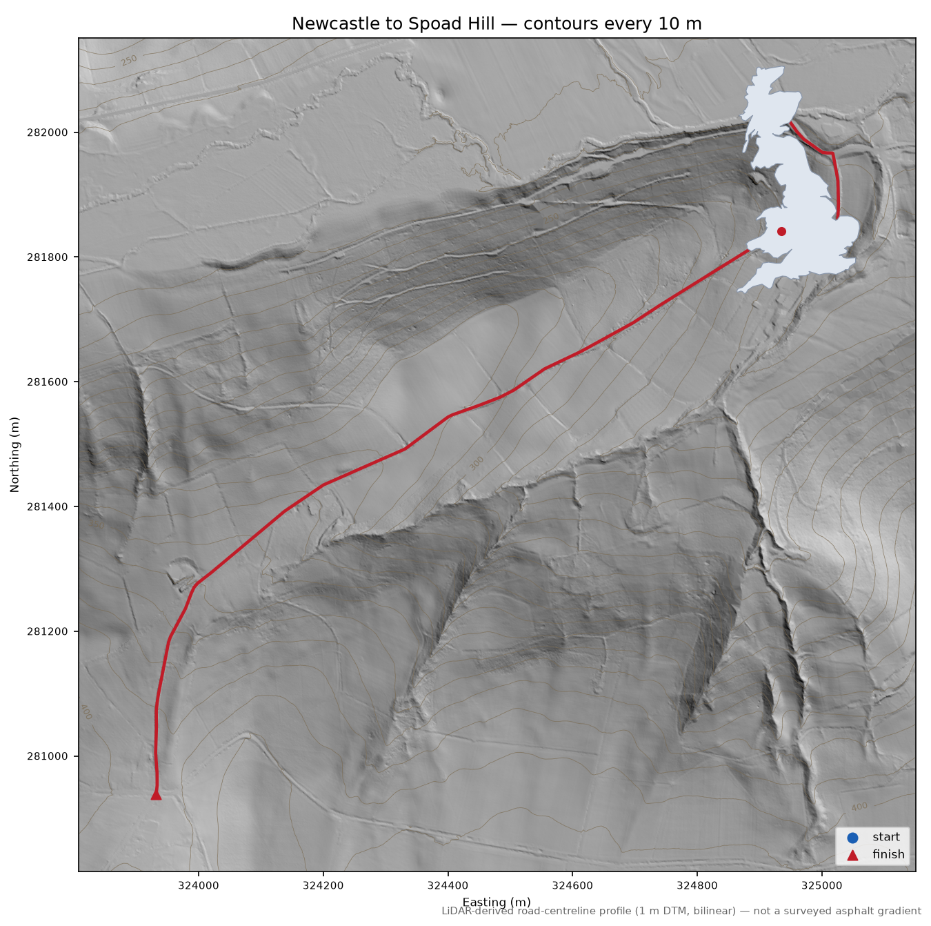 Newcastle to Spoad Hill LiDAR hillshade map with contours