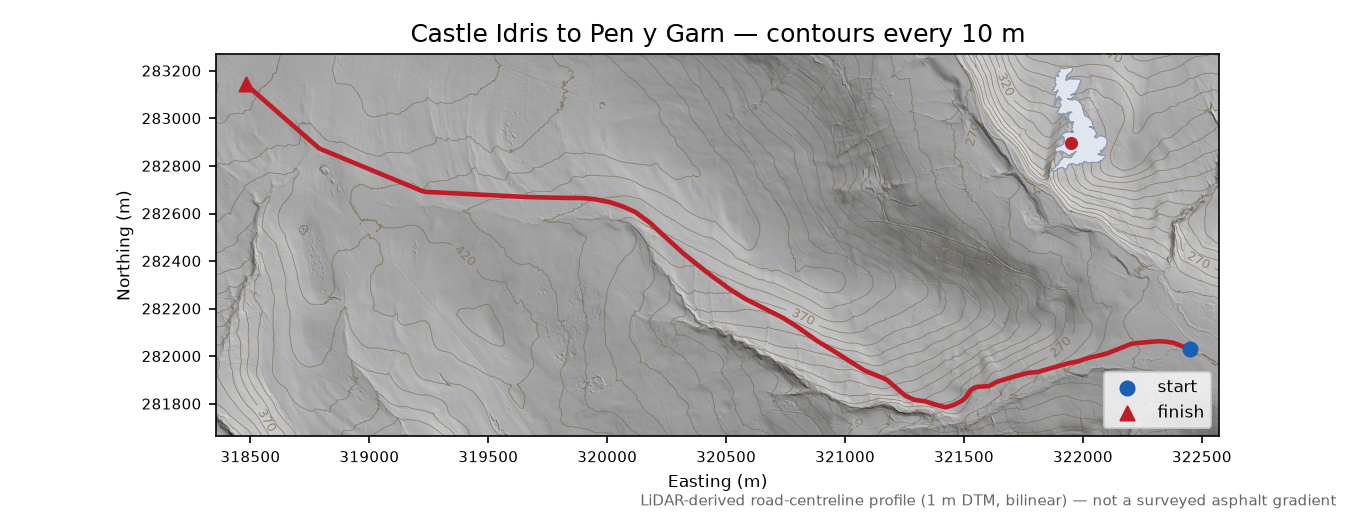 Castle Idris to Pen y Garn LiDAR hillshade map with contours