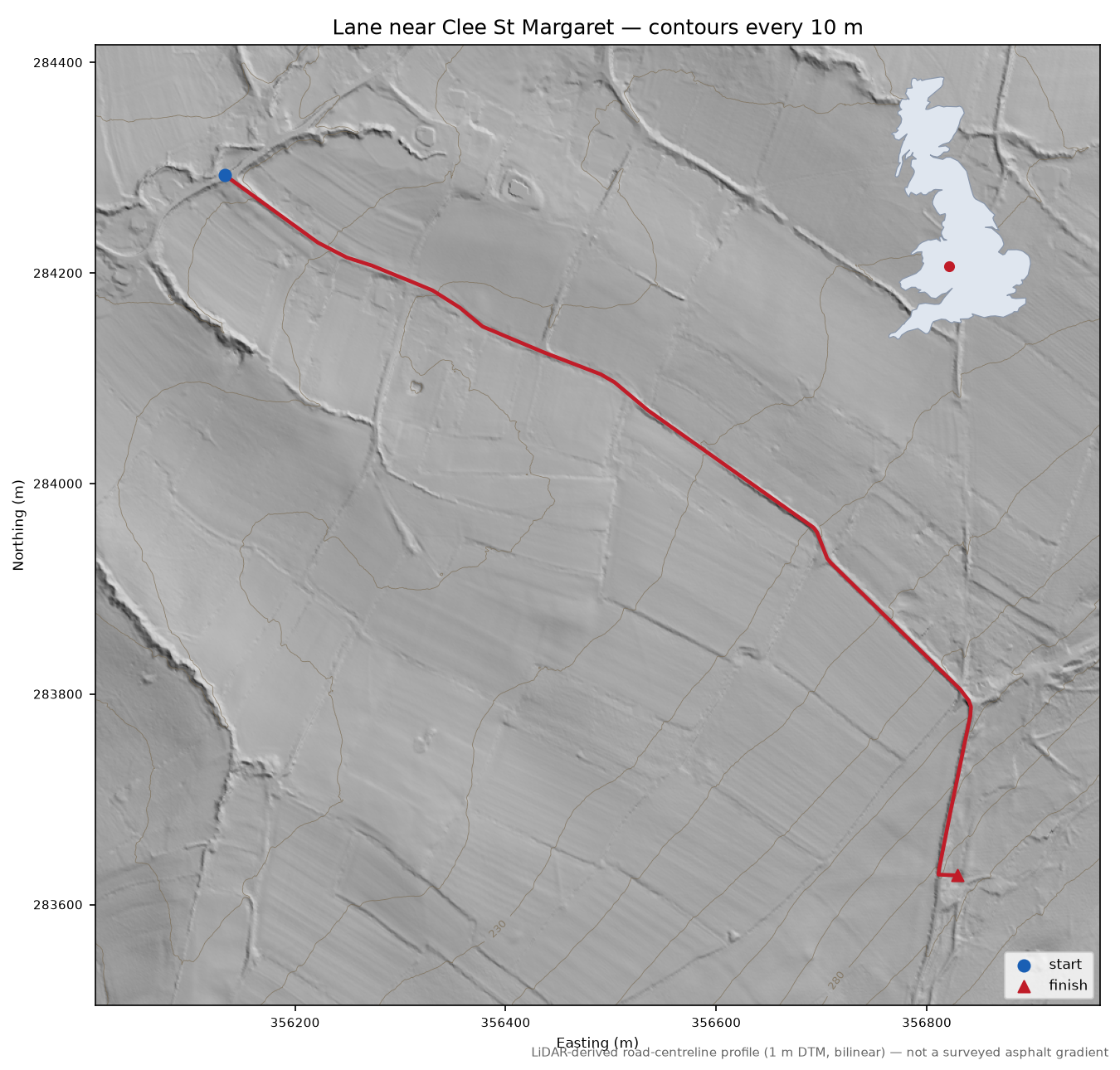 Lane near Clee St Margaret LiDAR hillshade map with contours
