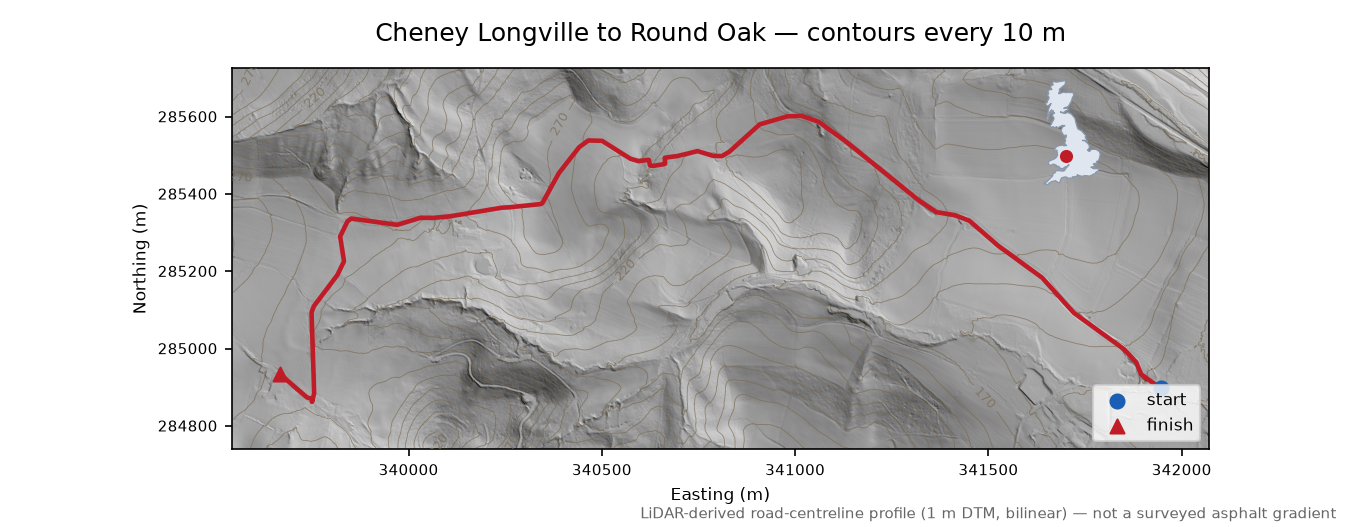 Cheney Longville to Round Oak LiDAR hillshade map with contours
