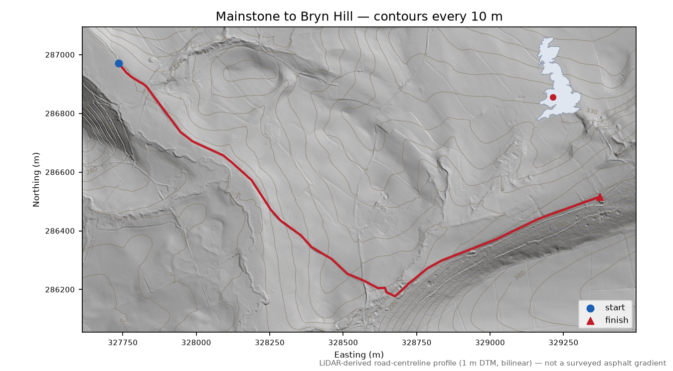 Mainstone to Bryn Hill LiDAR hillshade map with contours