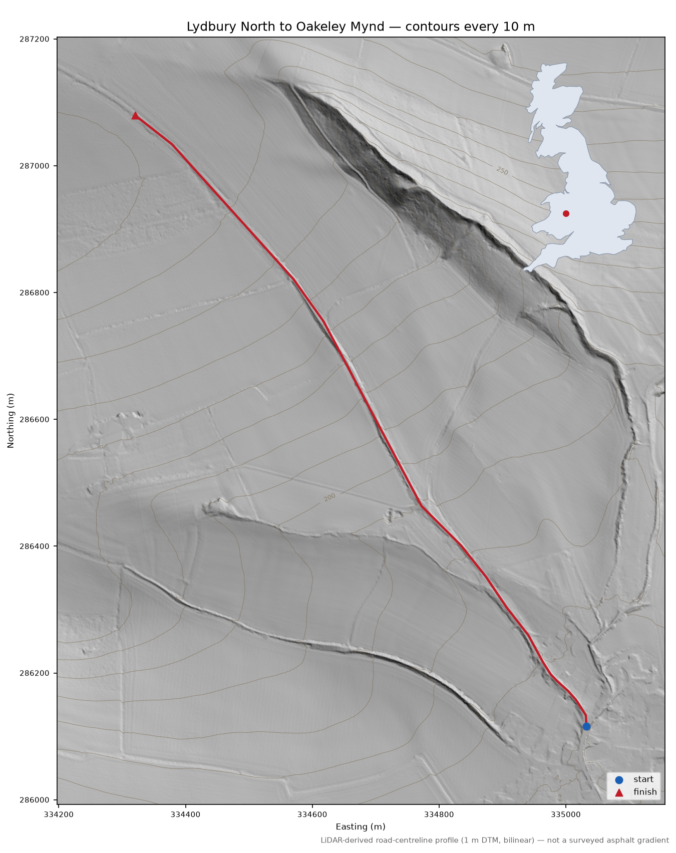 Lydbury North to Oakeley Mynd LiDAR hillshade map with contours