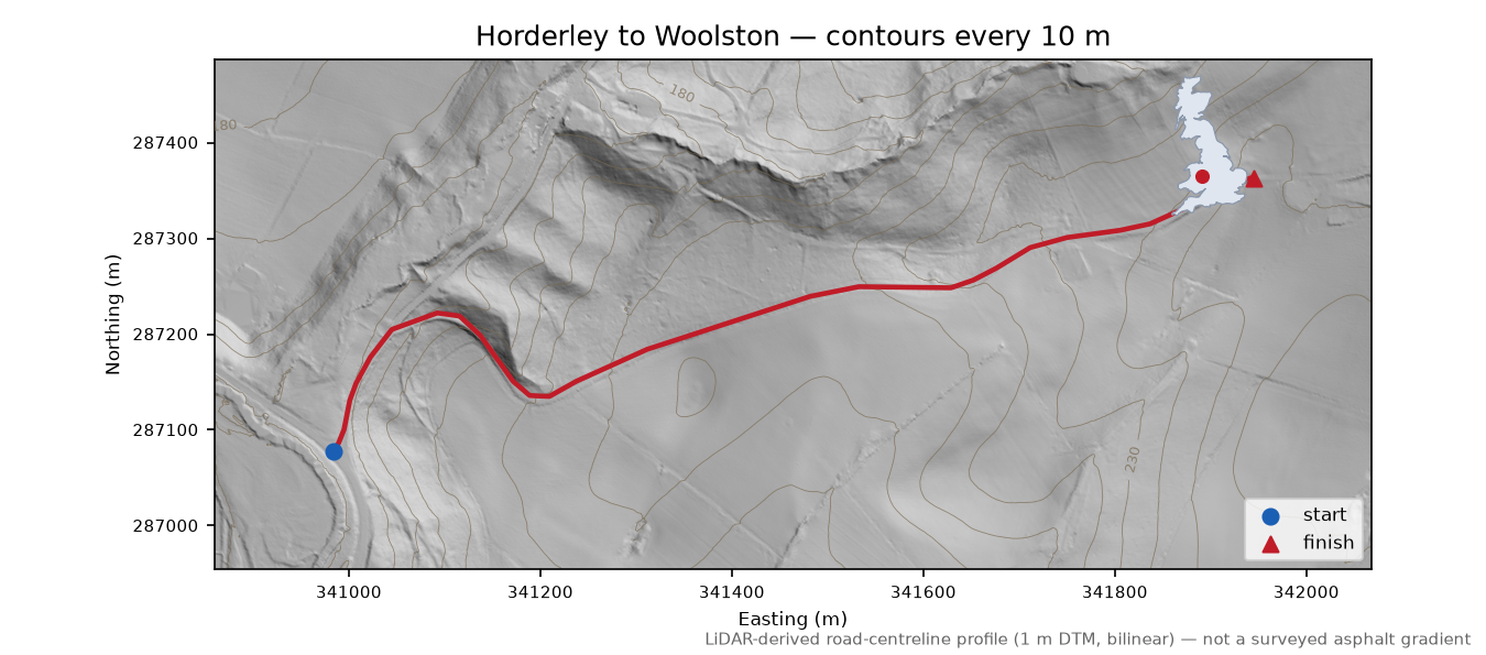 Horderley to Woolston LiDAR hillshade map with contours