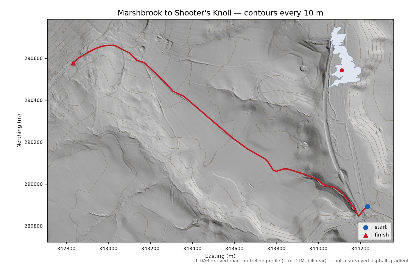 Marshbrook to Shooter's Knoll LiDAR hillshade map with contours
