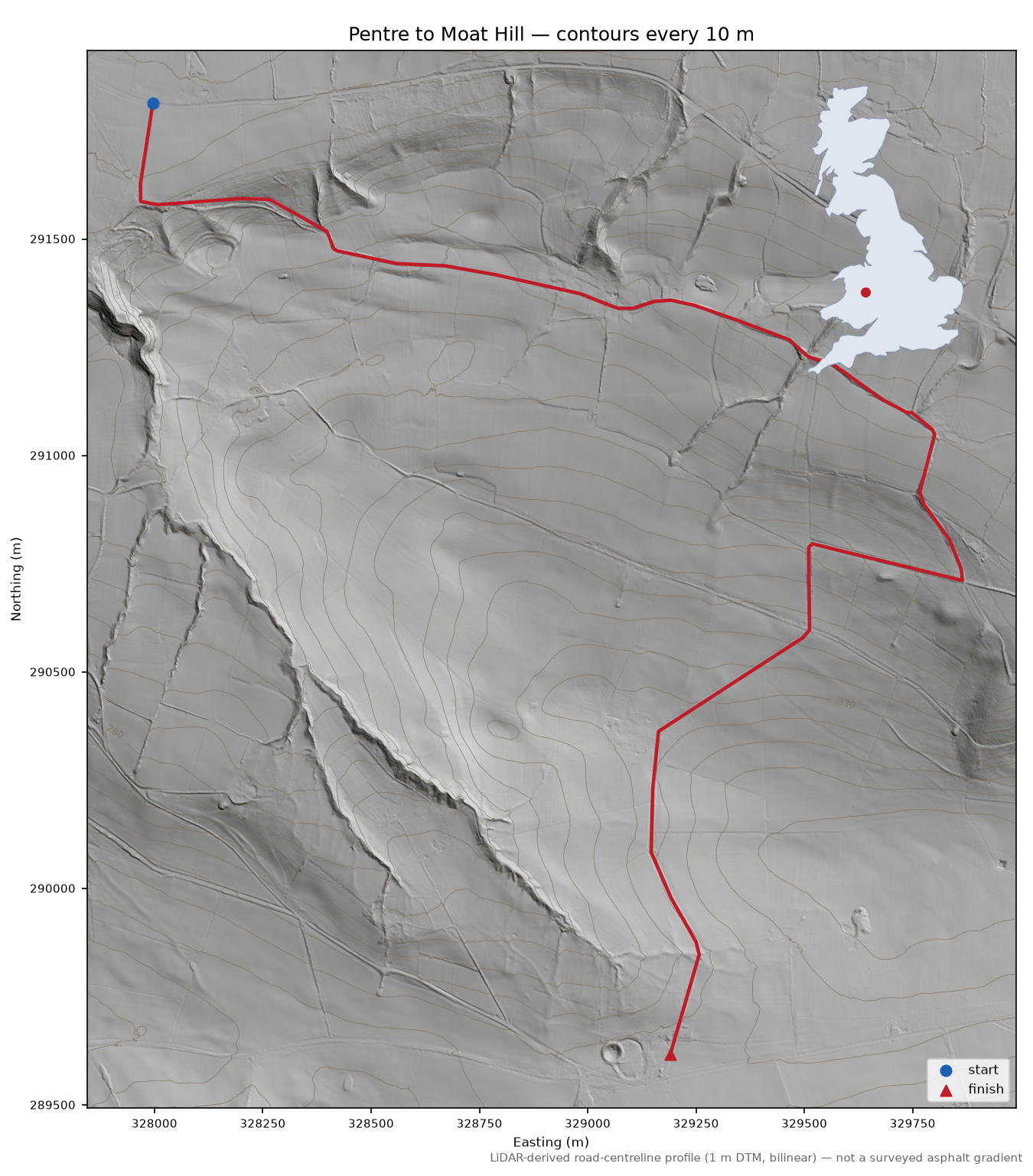 Pentre to Moat Hill LiDAR hillshade map with contours