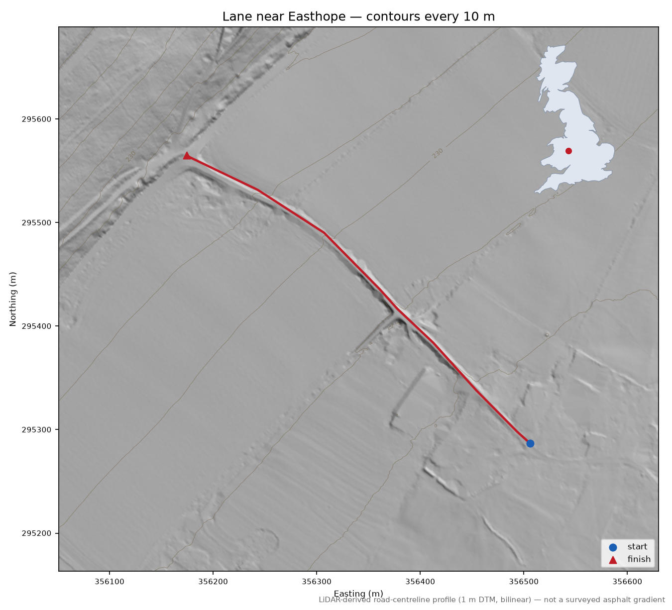 Lane near Easthope LiDAR hillshade map with contours