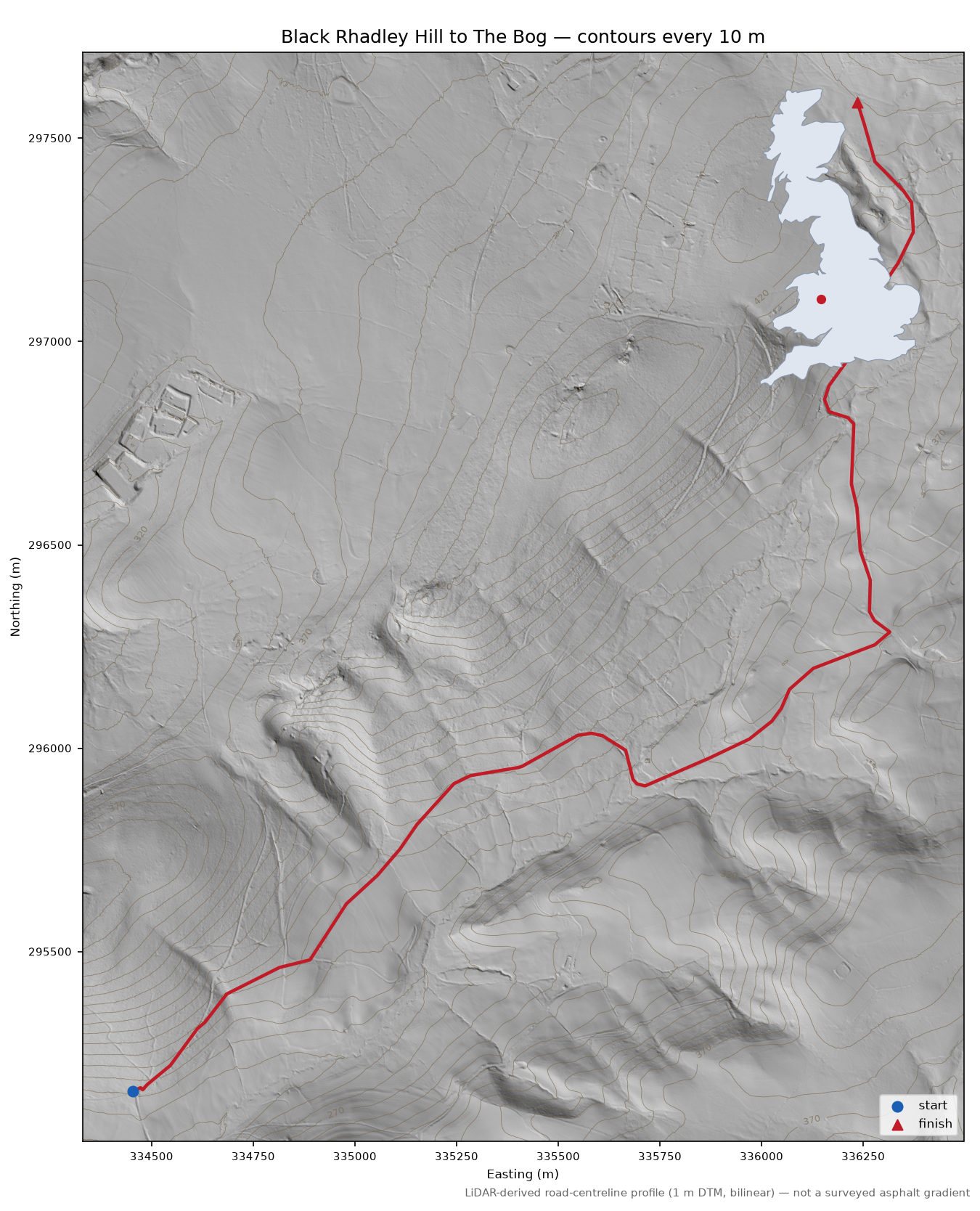 Black Rhadley Hill to The Bog LiDAR hillshade map with contours