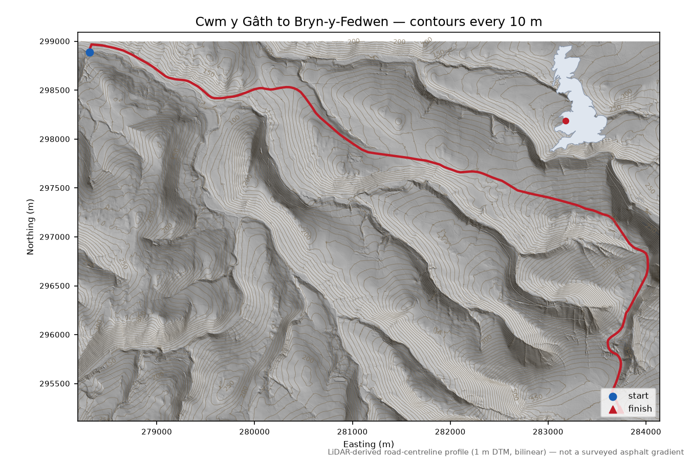 Cwm y Gâth to Bryn-y-Fedwen LiDAR hillshade map with contours