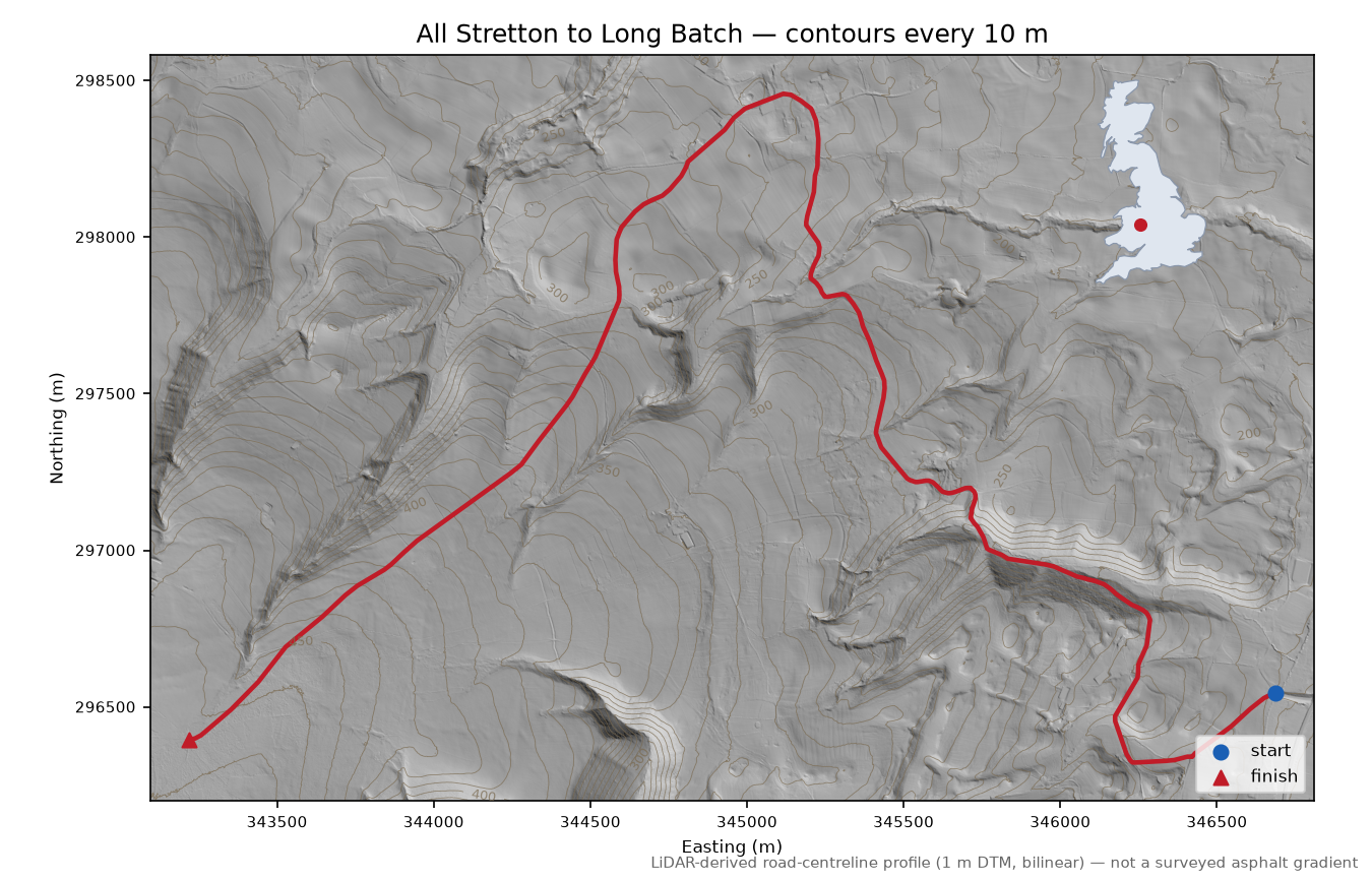 All Stretton to Long Batch LiDAR hillshade map with contours