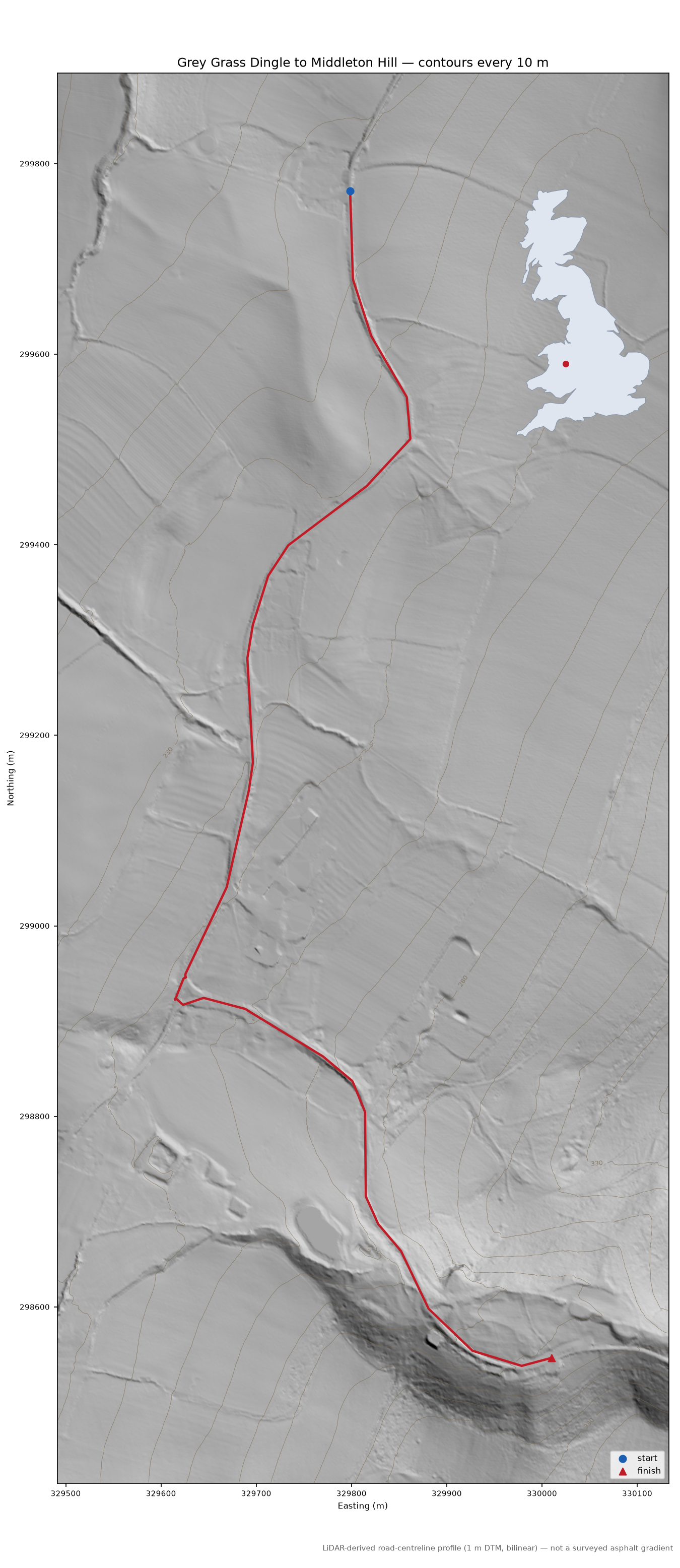 Grey Grass Dingle to Middleton Hill LiDAR hillshade map with contours