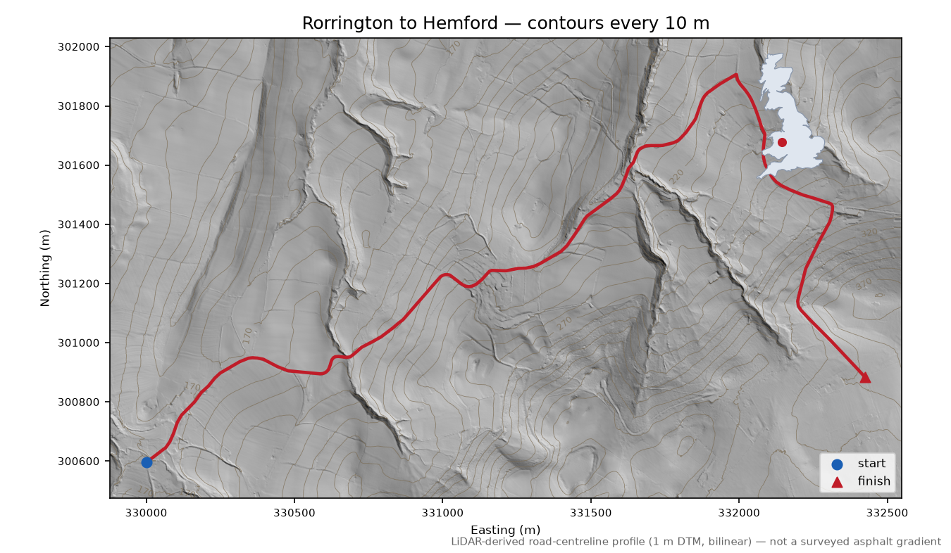 Rorrington to Hemford LiDAR hillshade map with contours