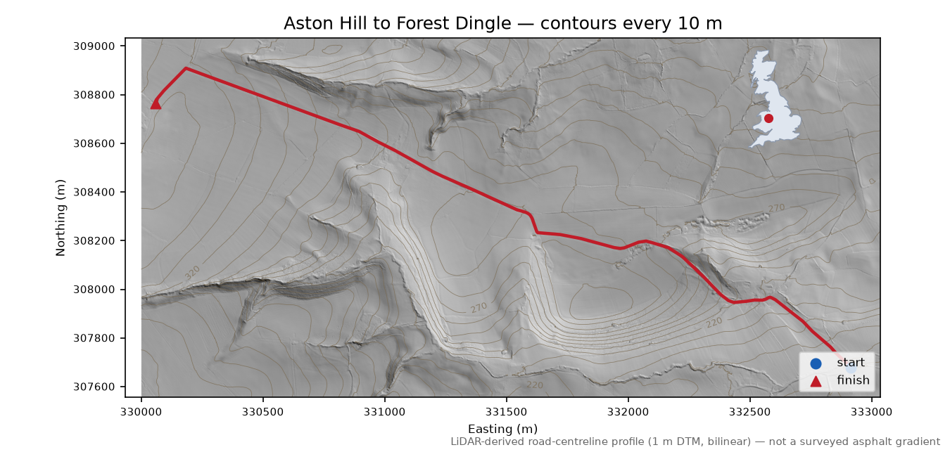 Aston Hill to Forest Dingle LiDAR hillshade map with contours