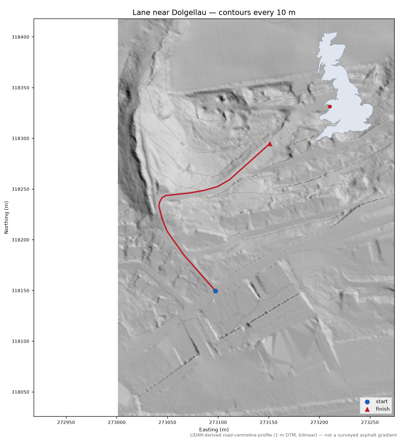 Lane near Dolgellau LiDAR hillshade map with contours