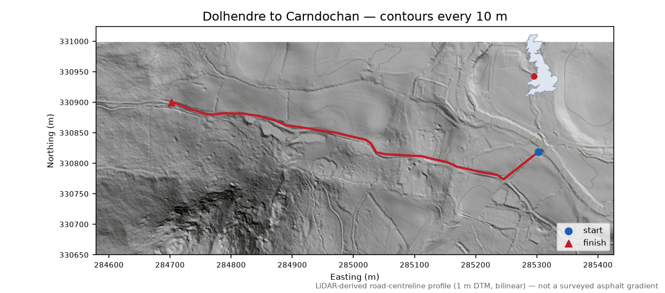 Dolhendre to Carndochan LiDAR hillshade map with contours