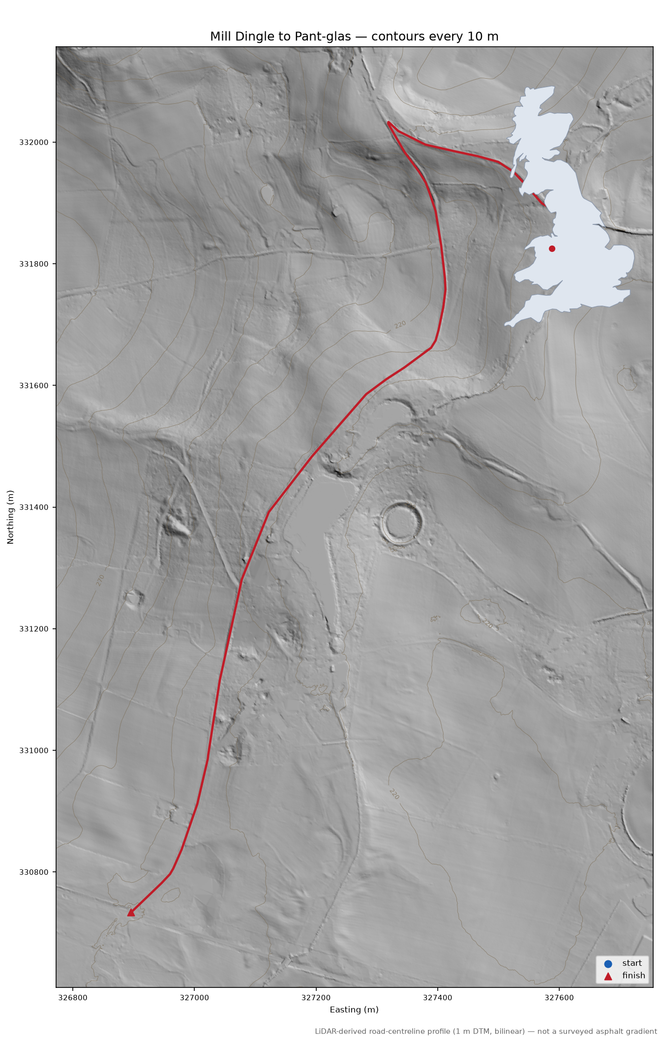Mill Dingle to Pant-glas LiDAR hillshade map with contours