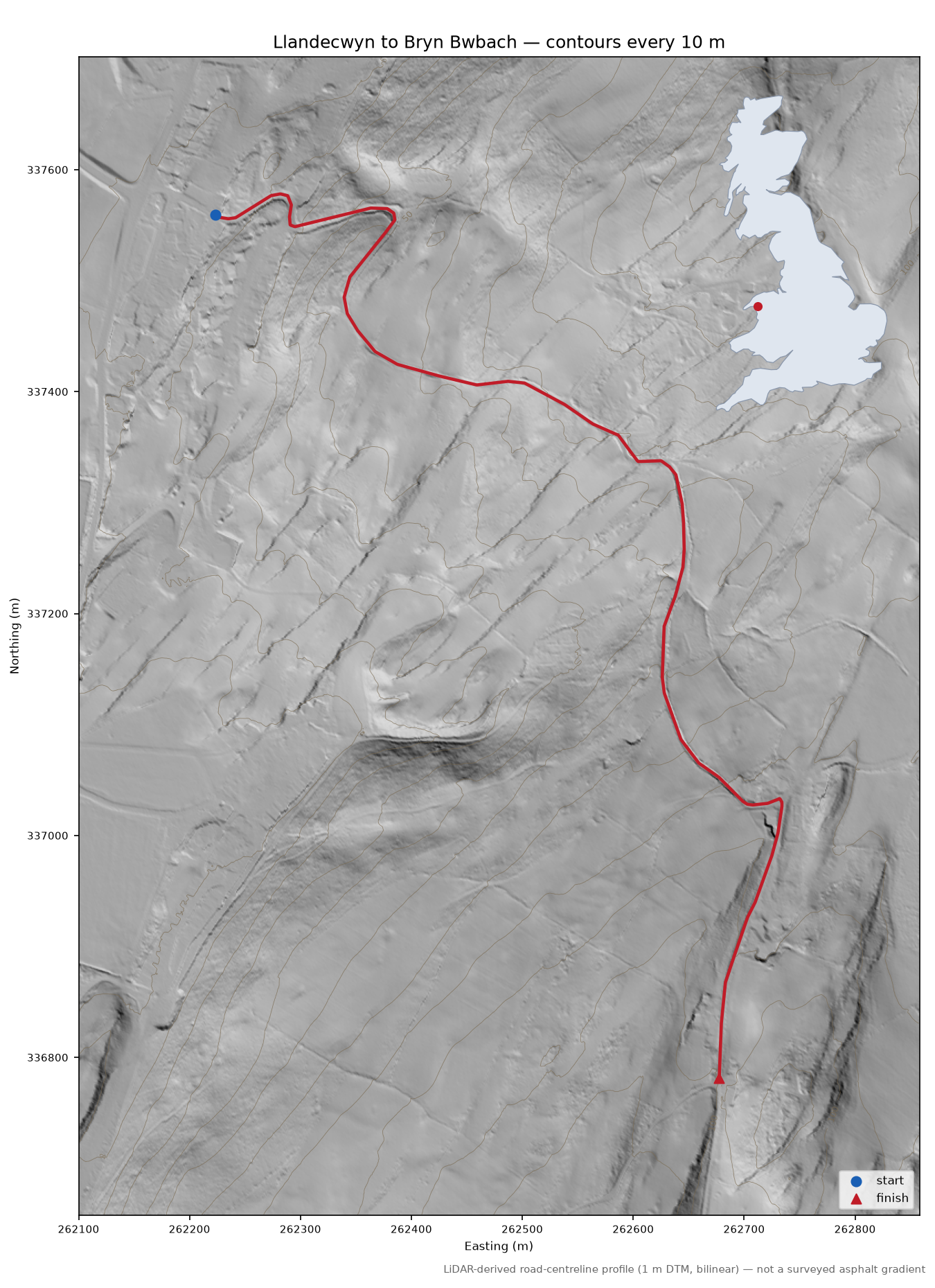 Llandecwyn to Bryn Bwbach LiDAR hillshade map with contours