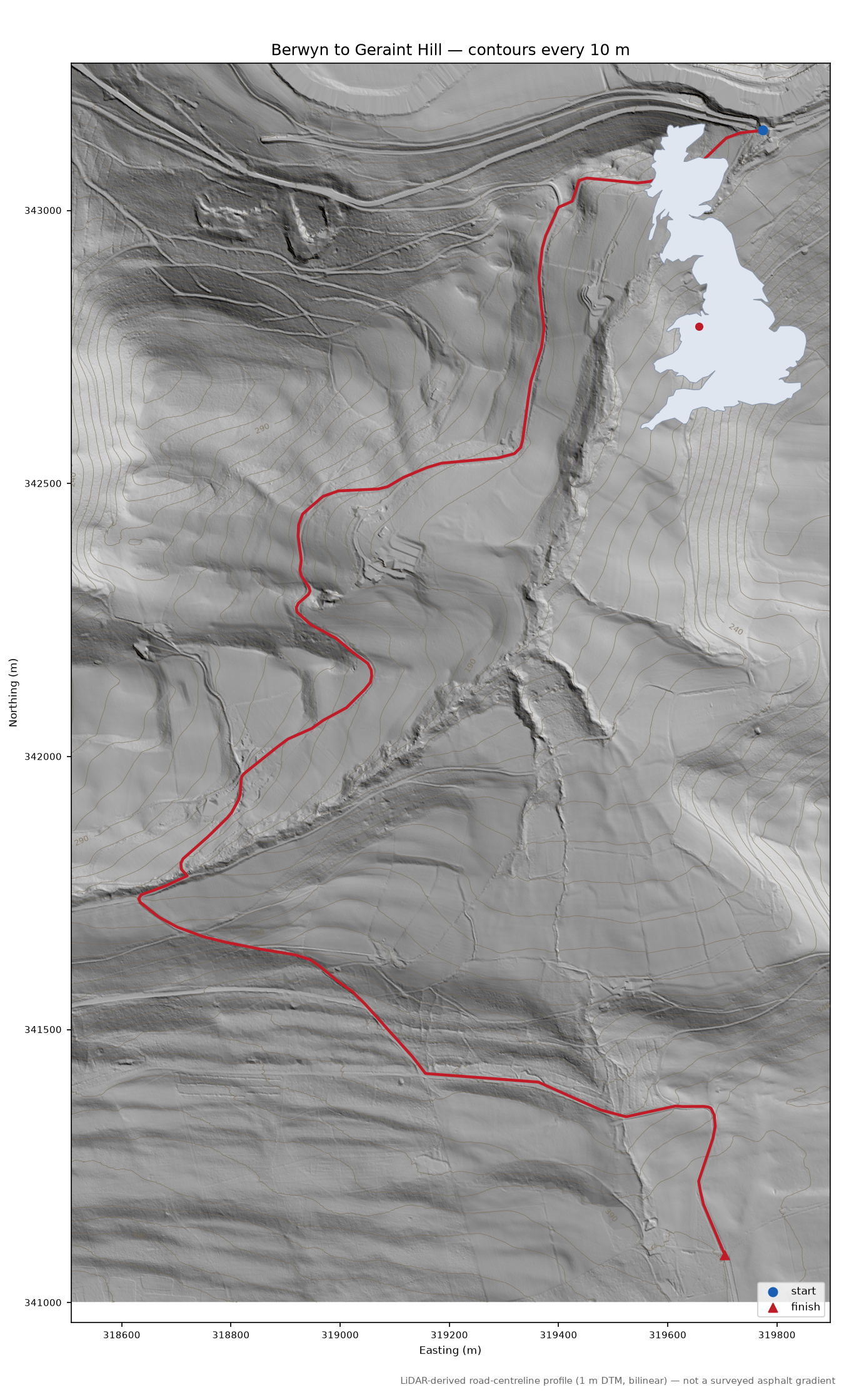Berwyn to Geraint Hill LiDAR hillshade map with contours