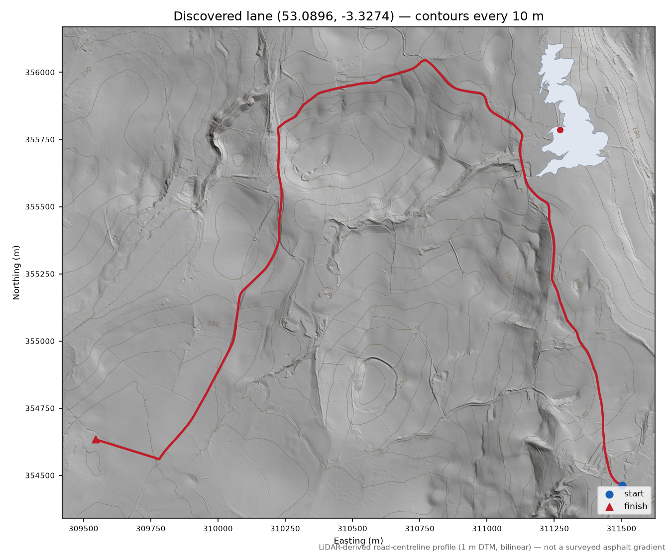 Pwllglas to Clocaenog LiDAR hillshade map with contours