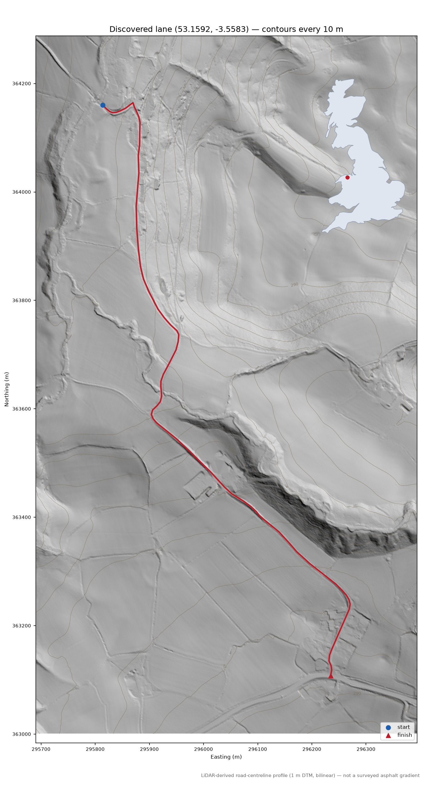 Tan y Fron to Clwt LiDAR hillshade map with contours