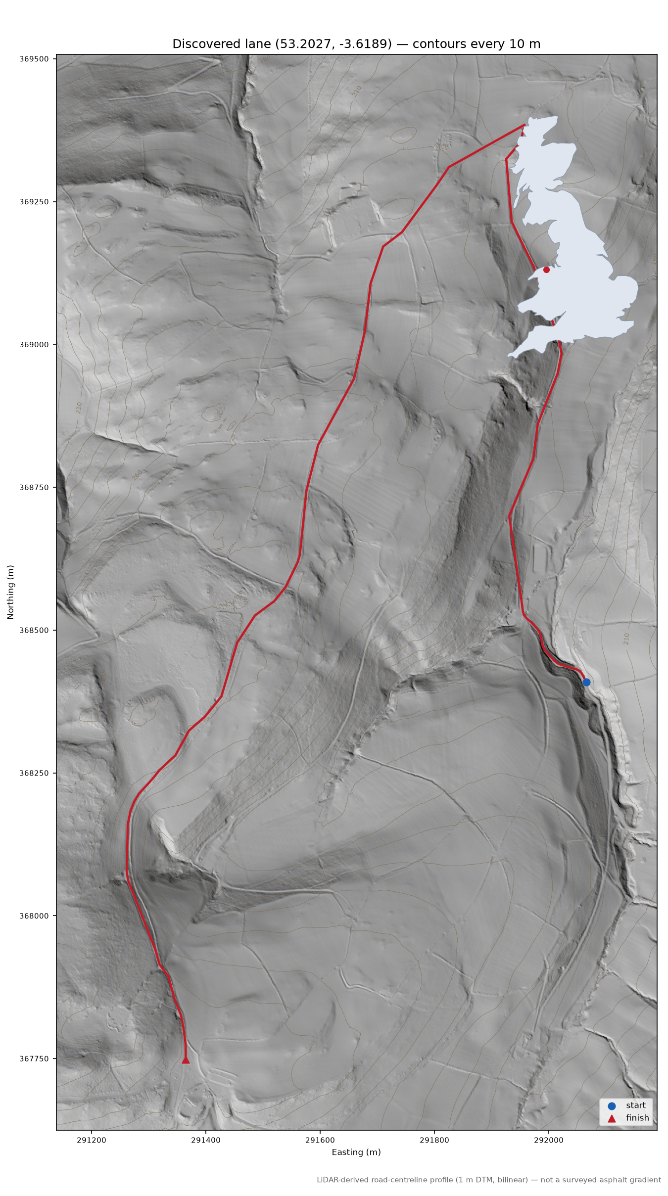 Moel Emwnt to Moel Unben LiDAR hillshade map with contours