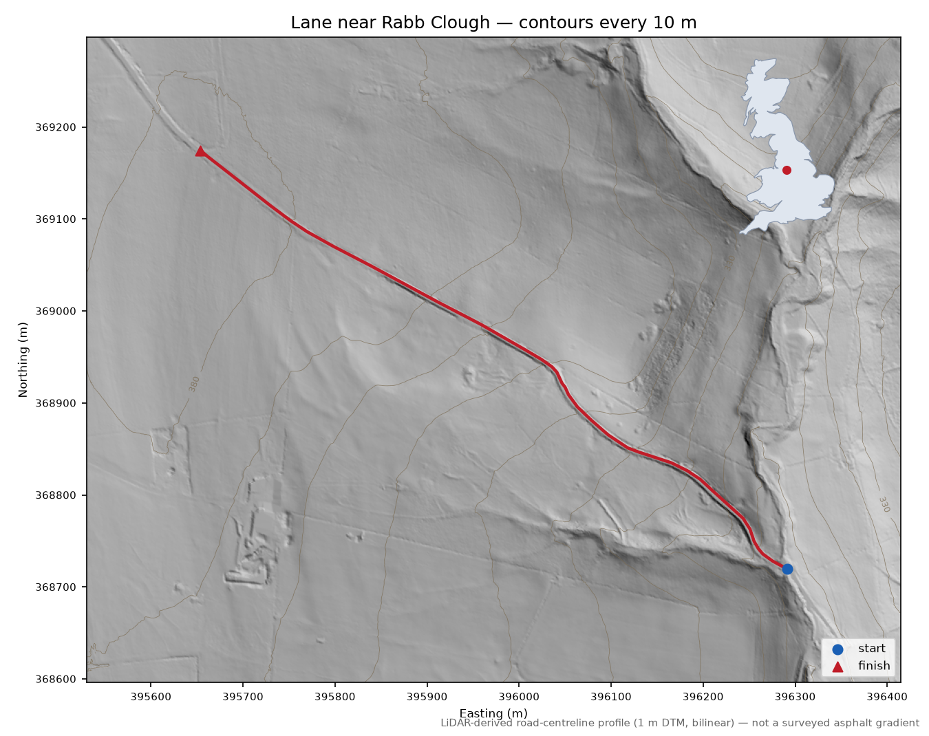Lane near Rabb Clough LiDAR hillshade map with contours