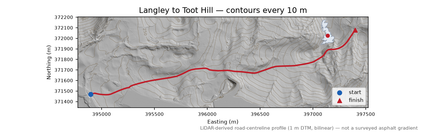 Langley to Toot Hill LiDAR hillshade map with contours