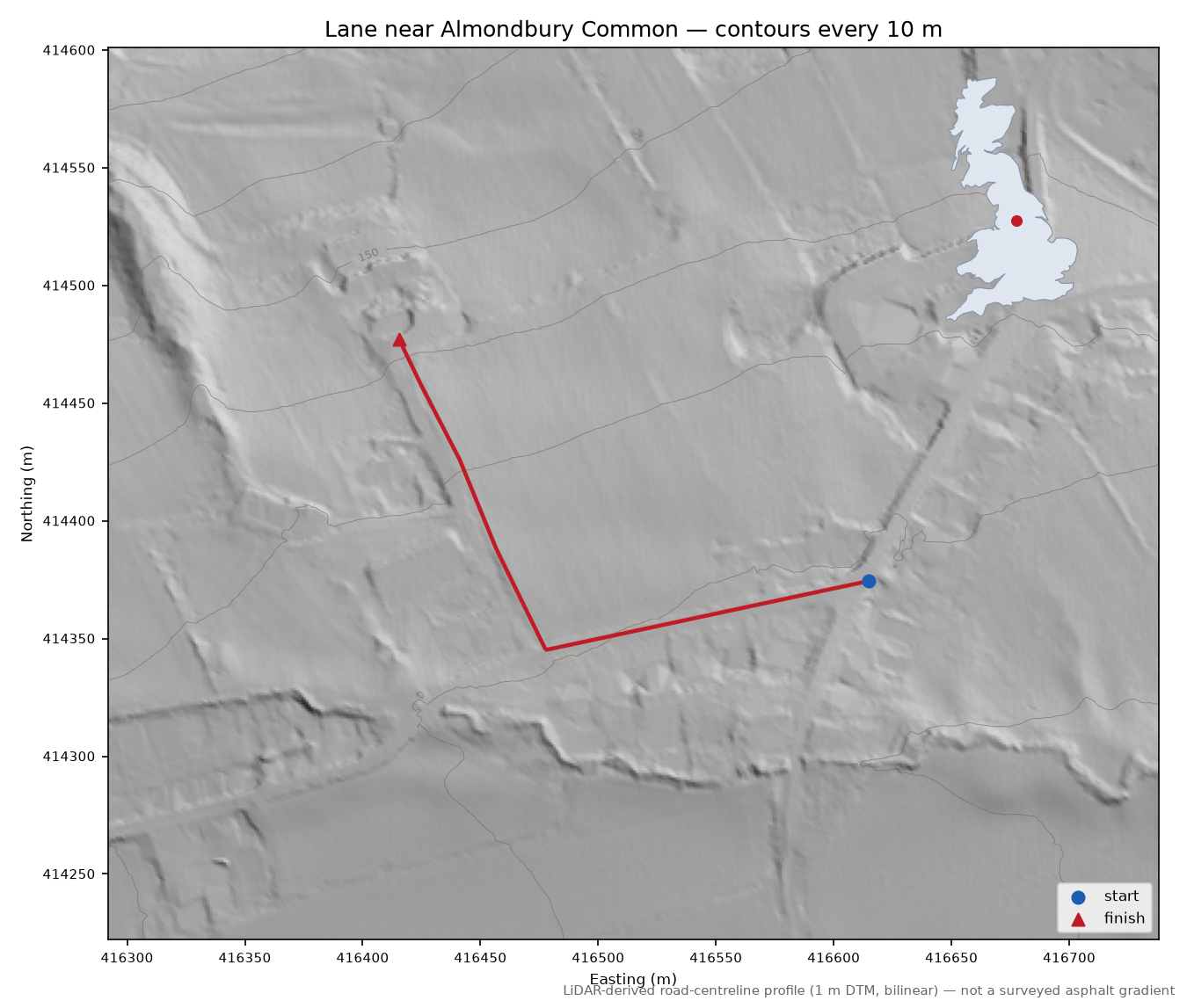 Lane near Almondbury Common LiDAR hillshade map with contours