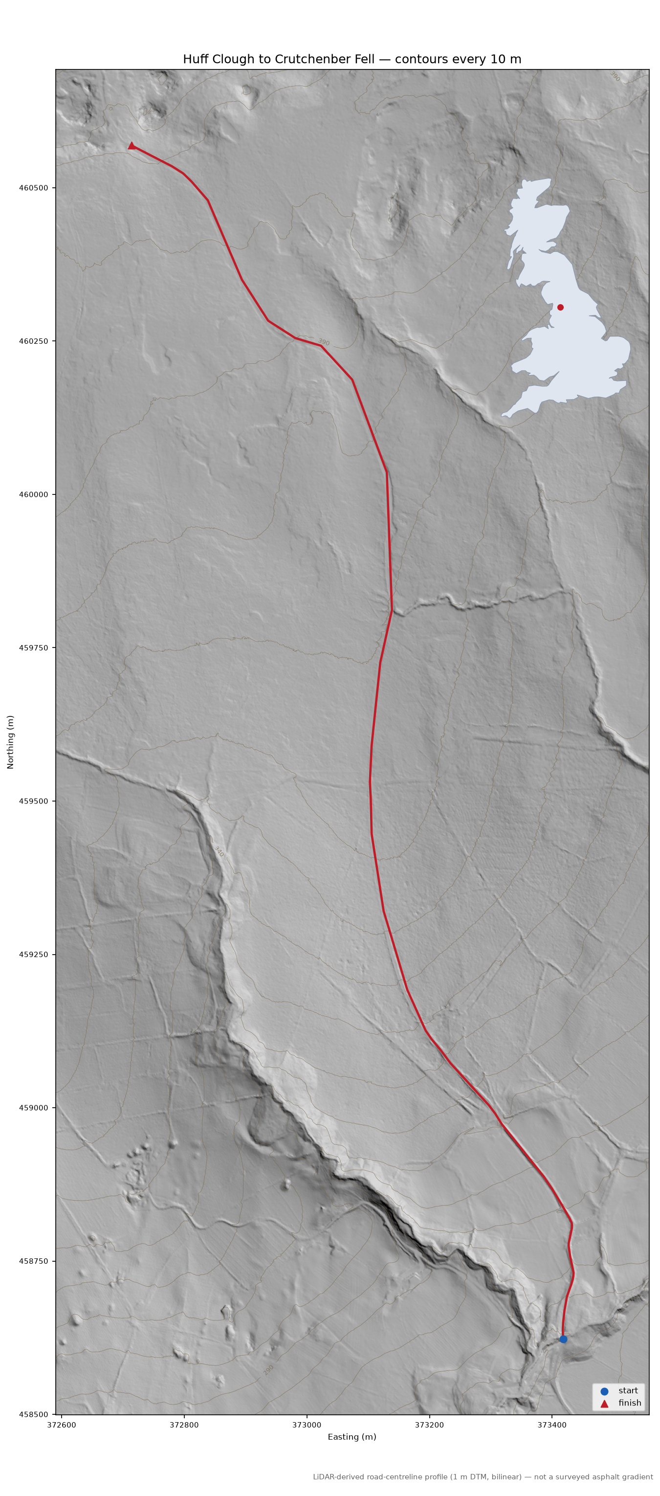 Huff Clough to Crutchenber Fell LiDAR hillshade map with contours