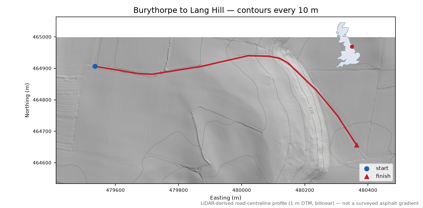 Burythorpe to Lang Hill LiDAR hillshade map with contours