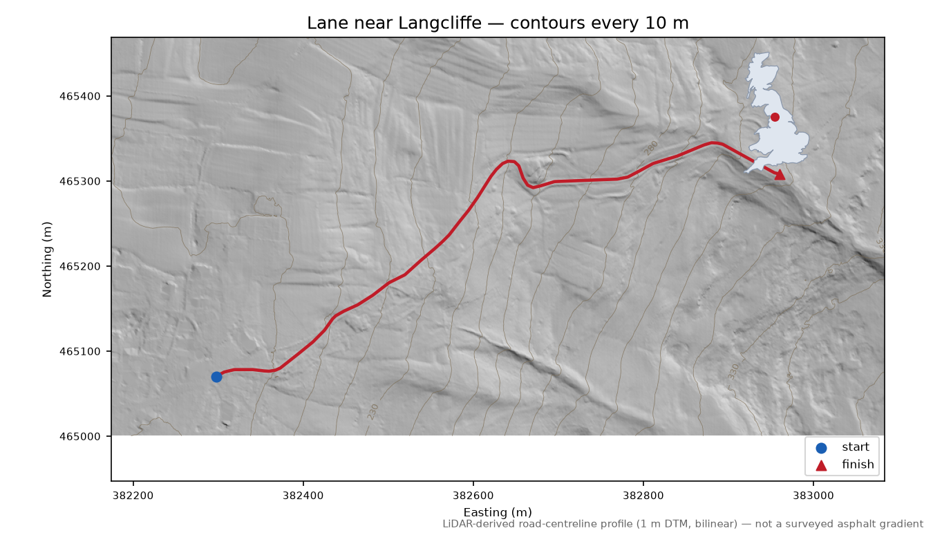 Lane near Langcliffe LiDAR hillshade map with contours