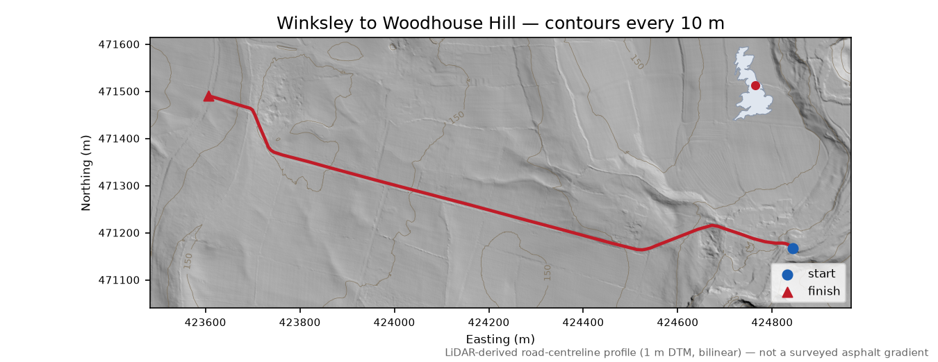 Winksley to Woodhouse Hill LiDAR hillshade map with contours