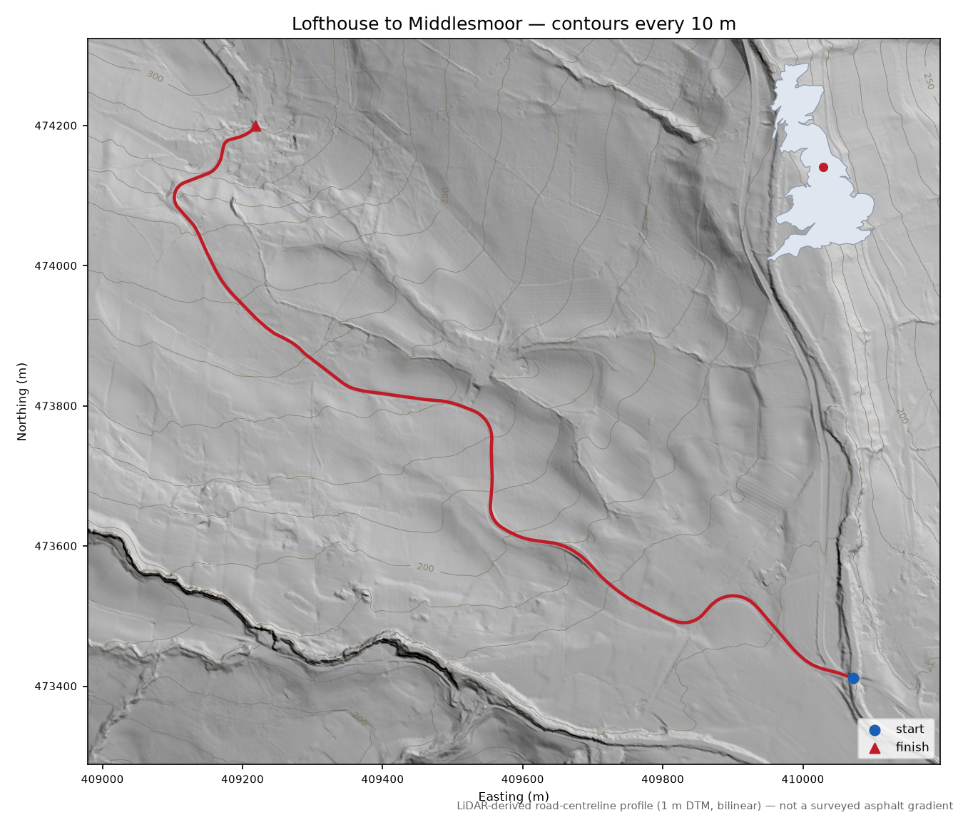 Lofthouse to Middlesmoor LiDAR hillshade map with contours