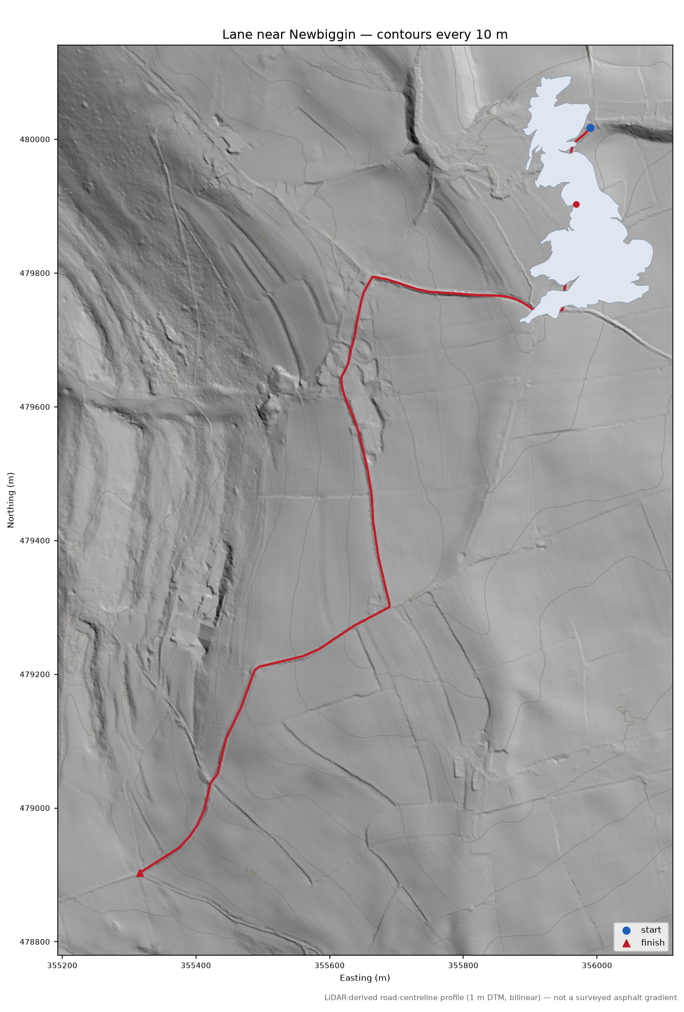 Lane near Newbiggin LiDAR hillshade map with contours