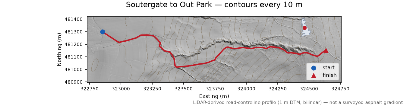 Soutergate to Out Park LiDAR hillshade map with contours