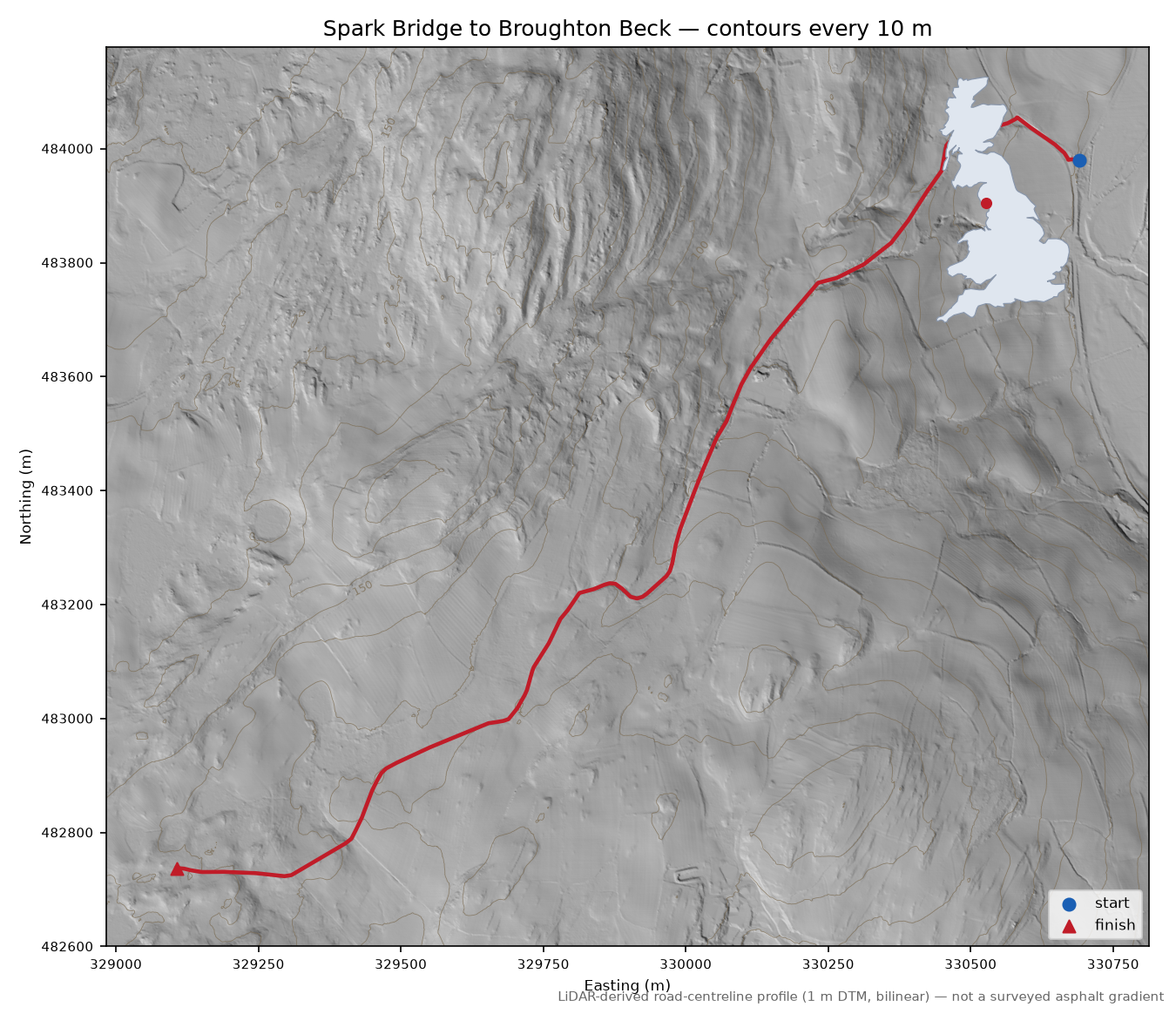 Spark Bridge to Broughton Beck LiDAR hillshade map with contours