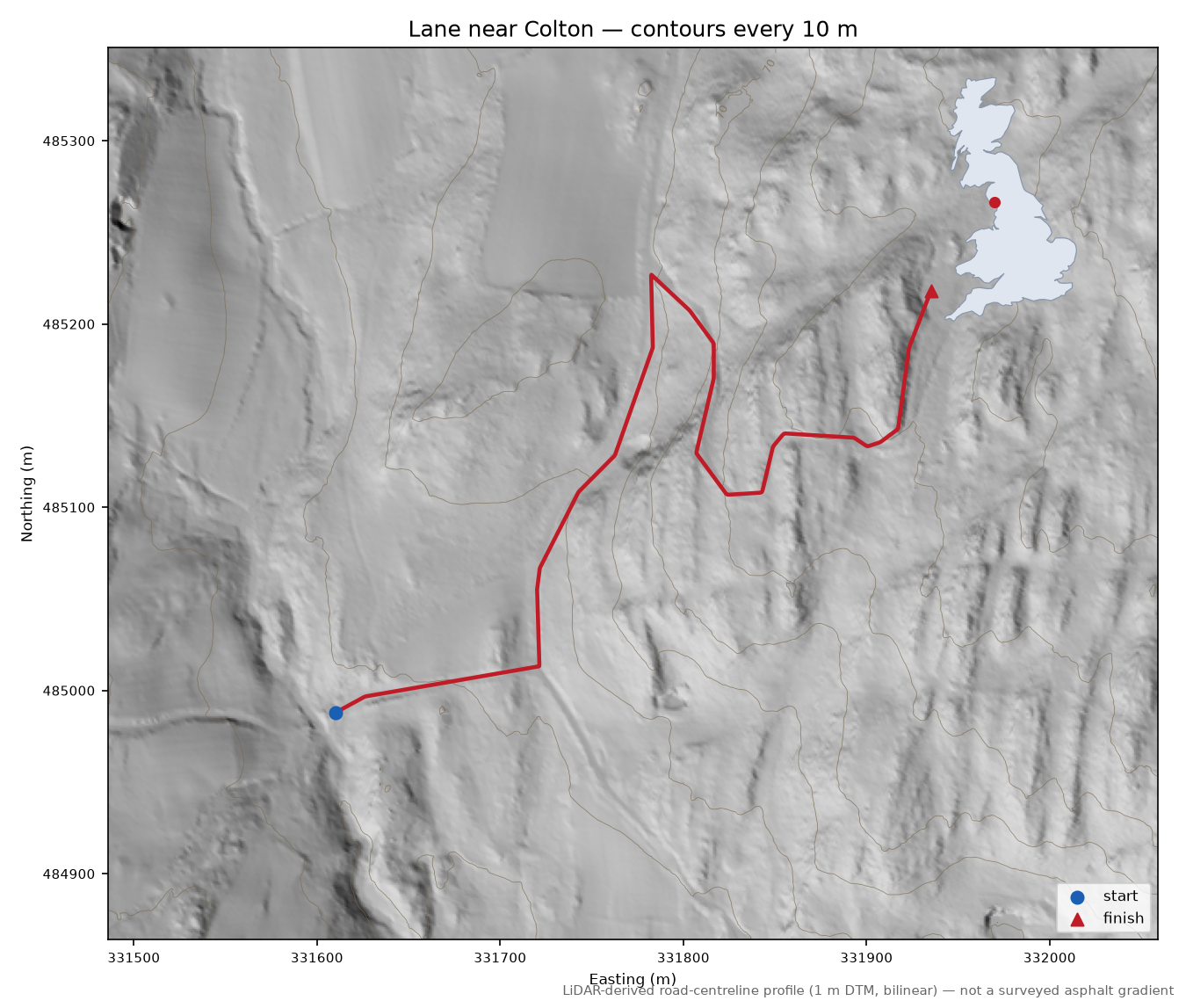 Lane near Colton LiDAR hillshade map with contours