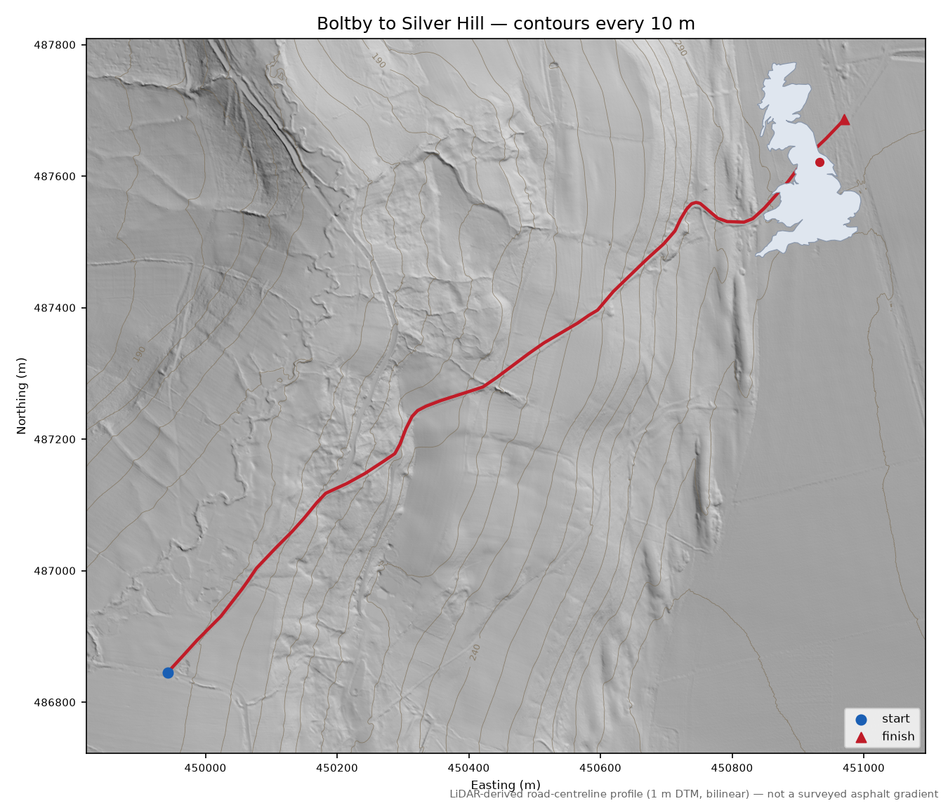 Boltby to Silver Hill LiDAR hillshade map with contours
